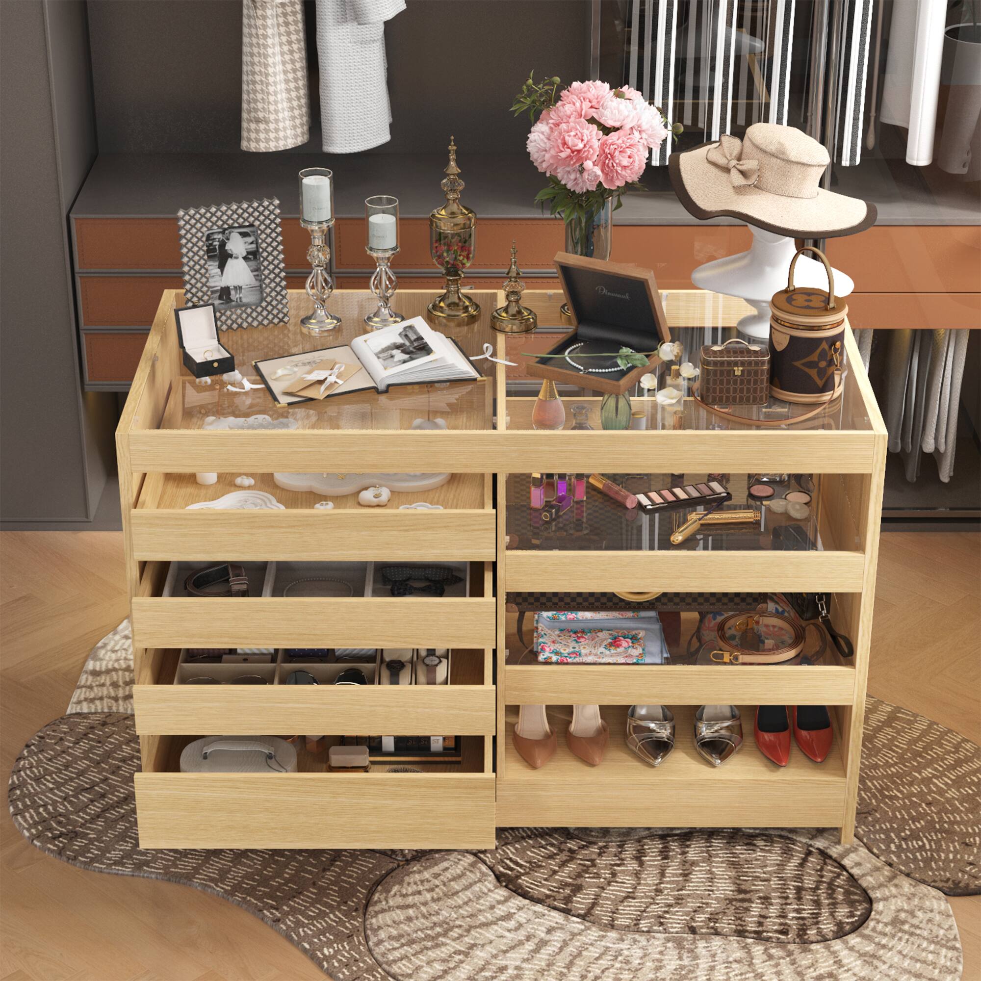 Alt View 8. Famapy - Famapy Wood & Glass Horizontal Dresser: Organized Elegance for Closets & Bedrooms - Wooden.
