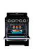 The image shows a black oven with two trays of food inside. The oven has a digital display and is likely a modern, high-tech appliance. The food appears to be cooking well, and the oven is ready to be used.