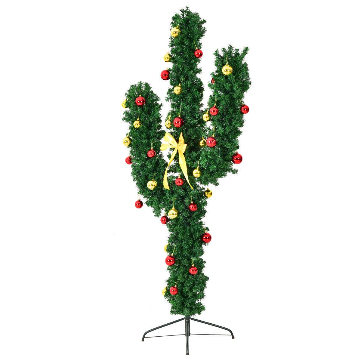 Alt View 20. Costway - 5Ft Pre-Lit Cactus Christmas Tree LED Lights Ball Ornaments - Green.