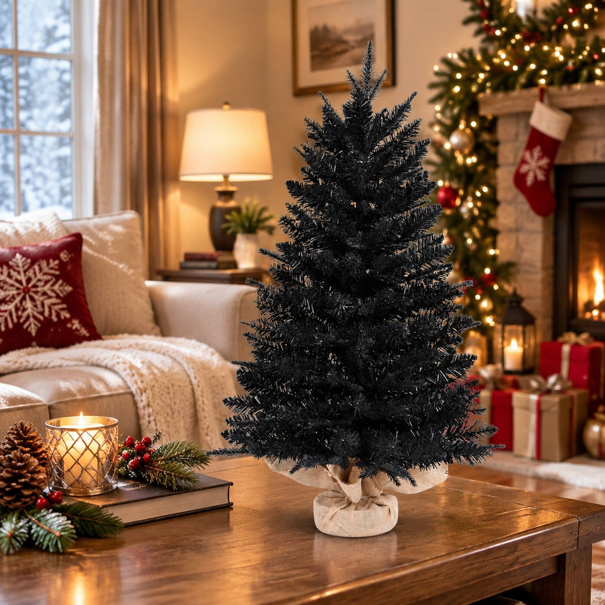 Left. RYHNUYNE - 2FT Black Artificial Christmas Tree With 159 Tips and Cement Burlap Base, for Halloween and Christmas - Black.