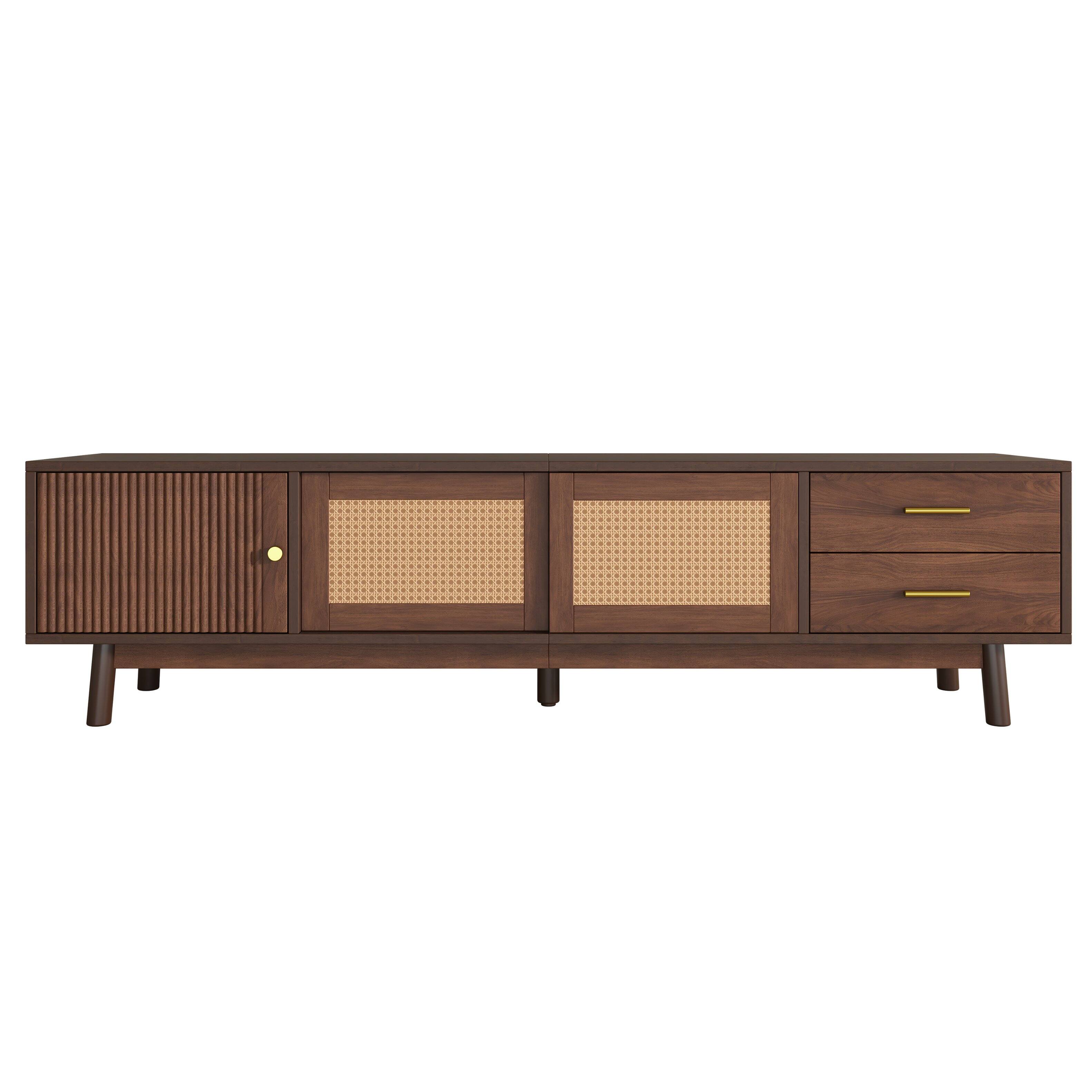 Left. Whisen - Mid Century Modern 80" TV Stand, Entertainment Center with Sliding Doors and Drawers for Living Room - Dark Brown.
