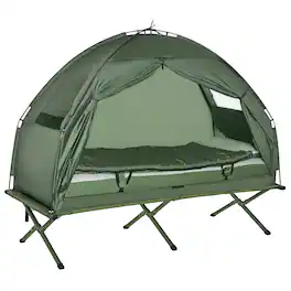 Outsunny - Multifunctional Folding Camping Cots for Adults, Elevated Tent with Sleeping Bag, Thick Air Mattress Pad - Green