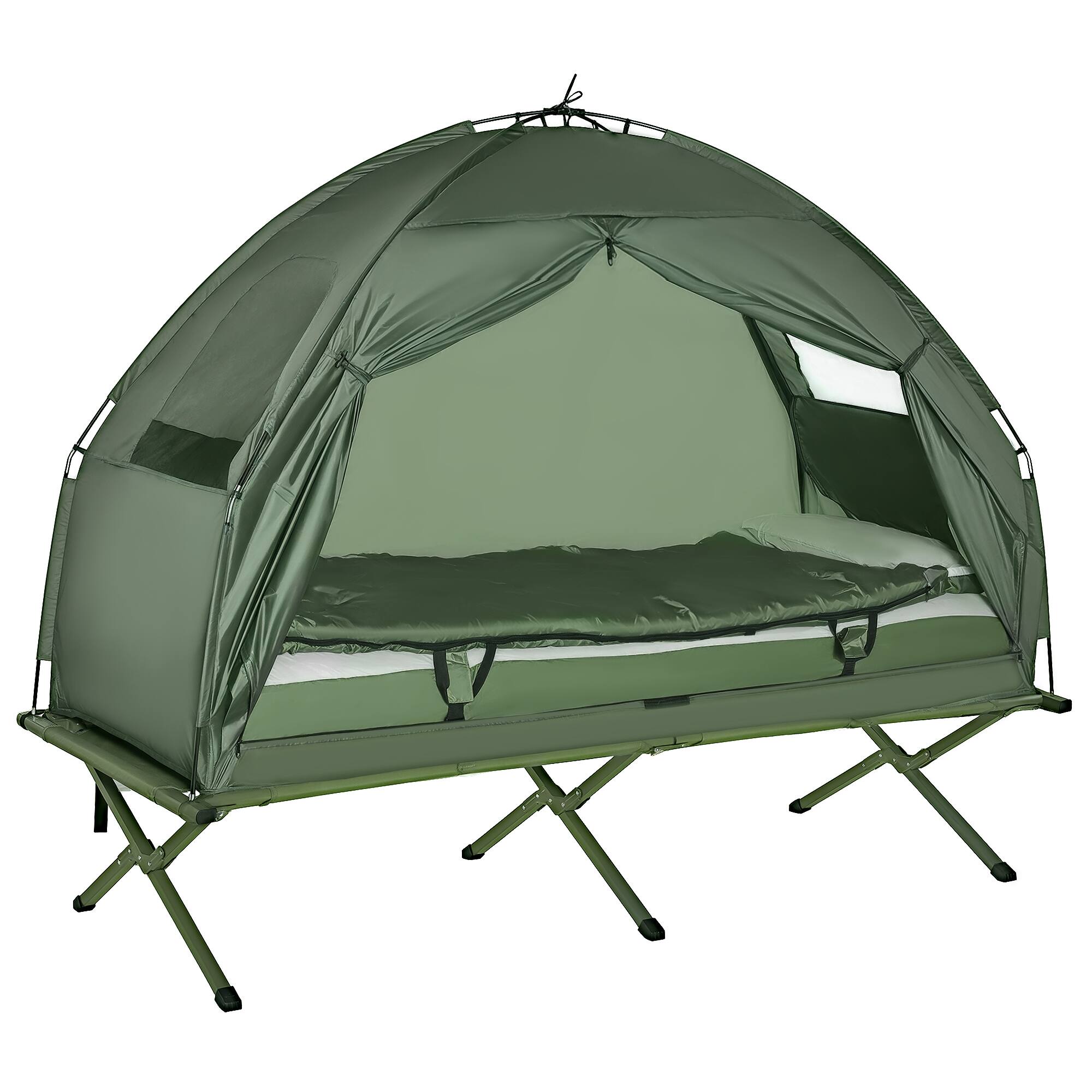 Outsunny - Multifunctional Folding Camping Cots for Adults, Elevated Tent with Sleeping Bag, Thick Air Mattress Pad - Green