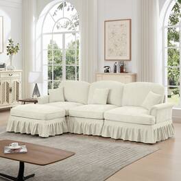 Anysun - Mid-Century L-Shape Chenille Sectional with Ottoman - Flared Arms, Ruffled Skirt & Spindle Legs - Beige