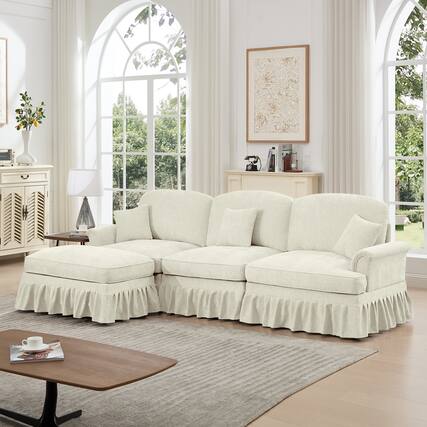 Front. Anysun - Mid-Century L-Shape Chenille Sectional with Ottoman - Flared Arms, Ruffled Skirt & Spindle Legs - Beige.