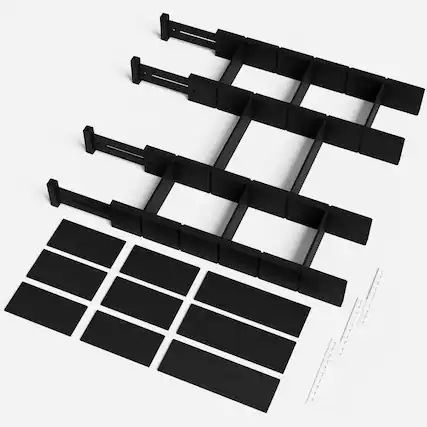 Front. Tooloton - 4 Pack Adjustable Bamboo Drawer Organizers with 9 Inserts and Labels, Expandable Dividers (17-22 Inch, Black) - Black.