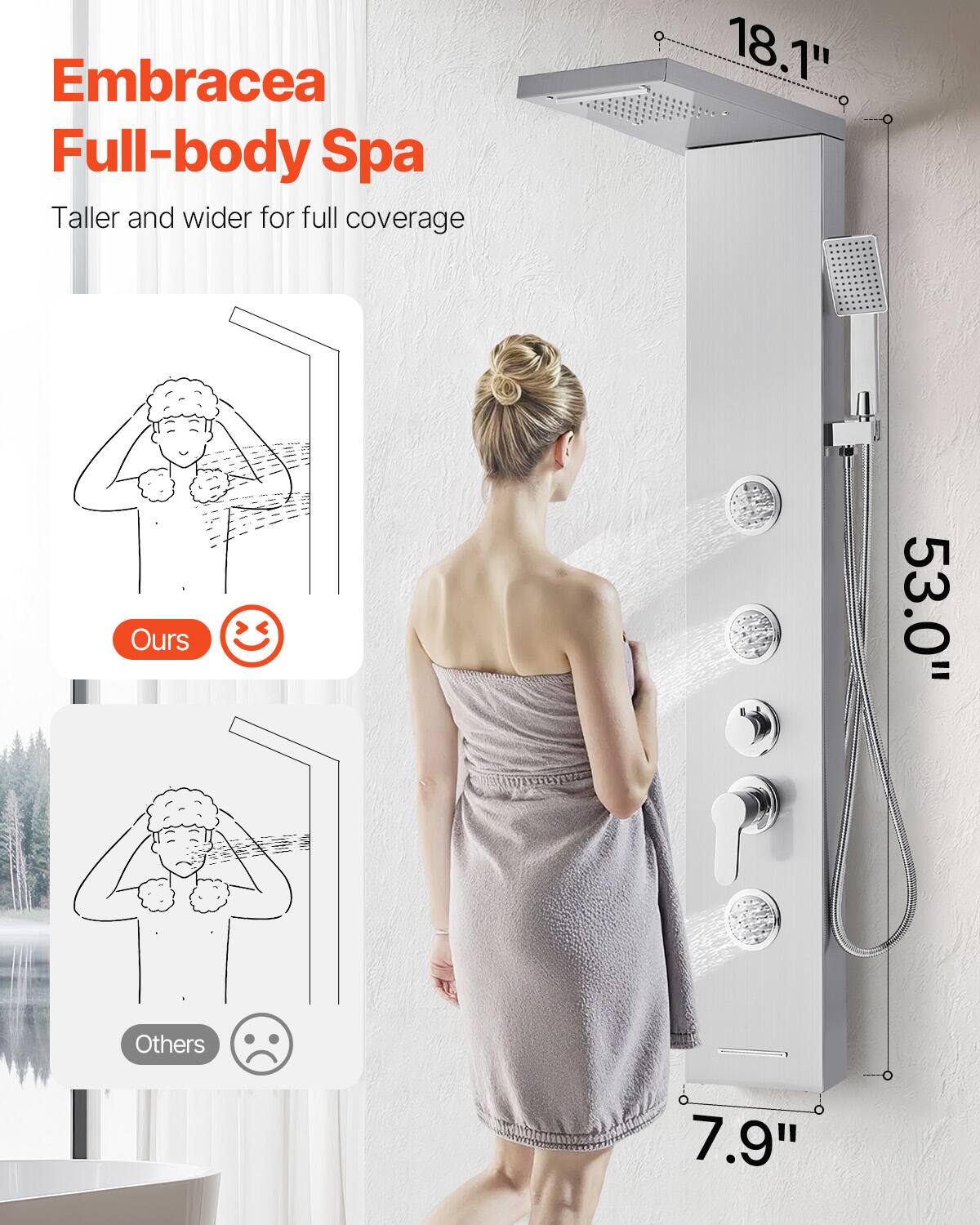 Embracea Full-body Spa

Taller and wider for full coverage

Ours 😊

Others 😔

18.1"

53.0"

7.9"