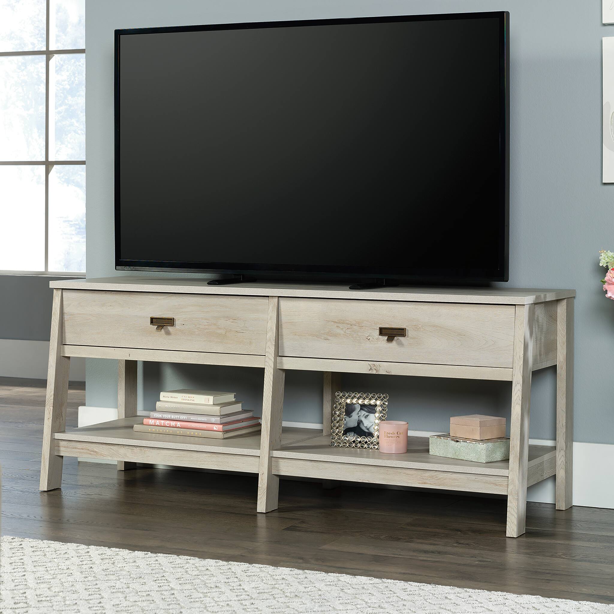 Front. Sauder - Trestle 60"TV Credenza - Chalked Chestnut.