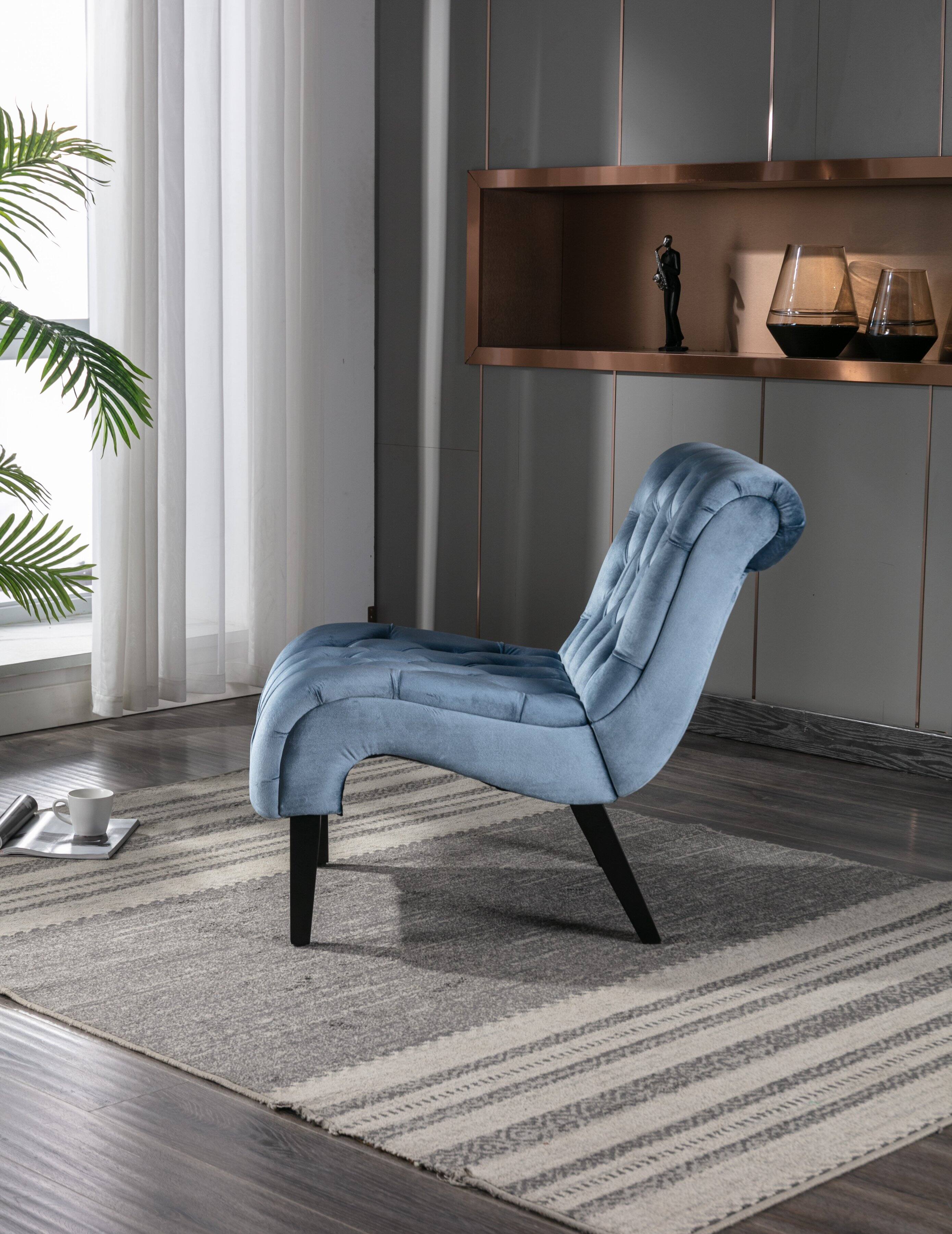 Alt View 1. Trinkets Crazed - Velvet Accent Lounge Chair for Living Room, Modern Leisure Chair with Tufted Backrest, Indoor Armless Side Chair - Light Blue.