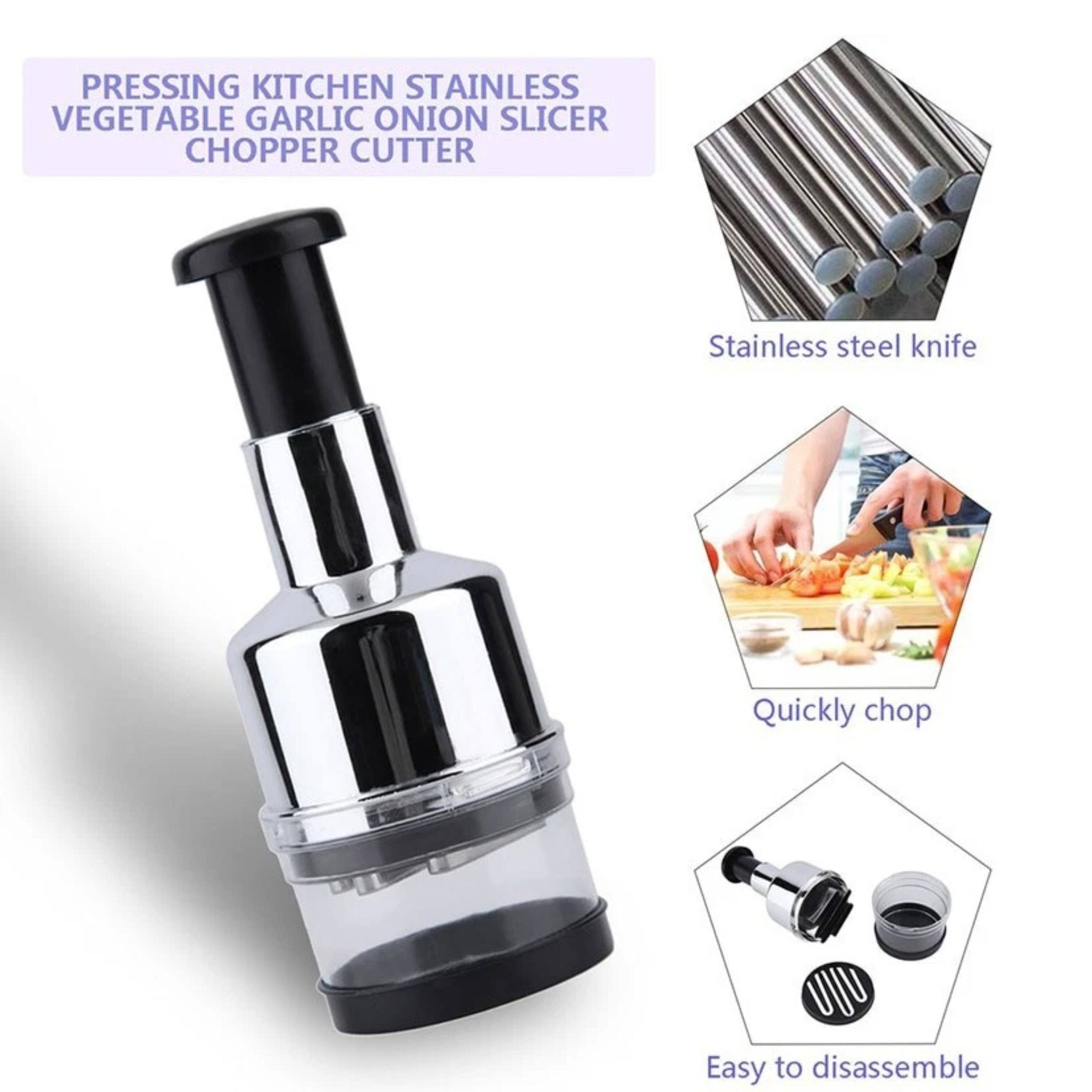 PRESSING KITCHEN STAINLESS VEGETABLE GARLIC ONION SLICER CHOPPER CUTTER

- Stainless steel knife
- Quickly chop
- Easy to disassemble