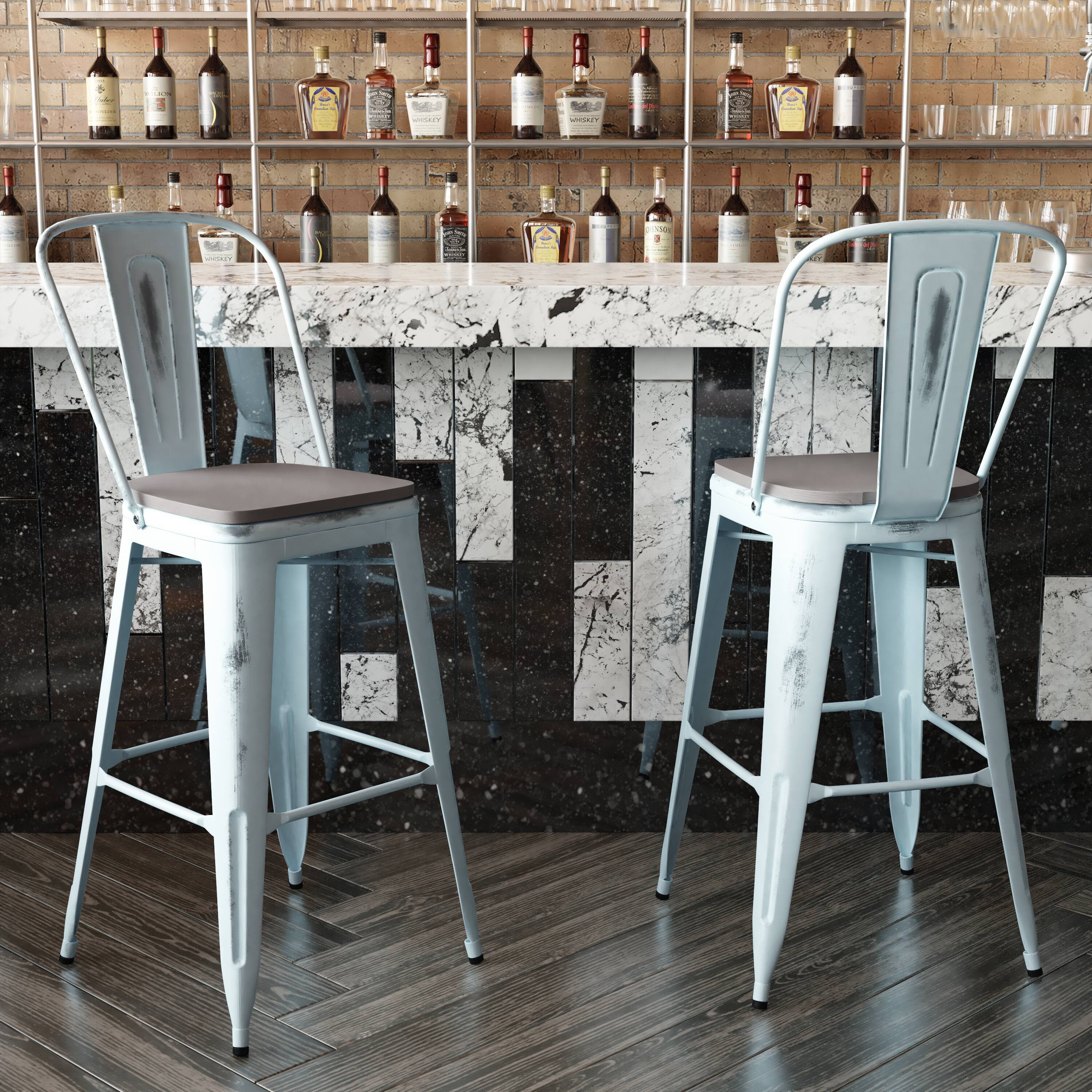 Alt View 3. Emma + Oliver - Nova Distressed Metal Stools with Backs and Polystyrene Seats for Indoor/Outdoor Use - Gray Seat/Green-Blue Frame.