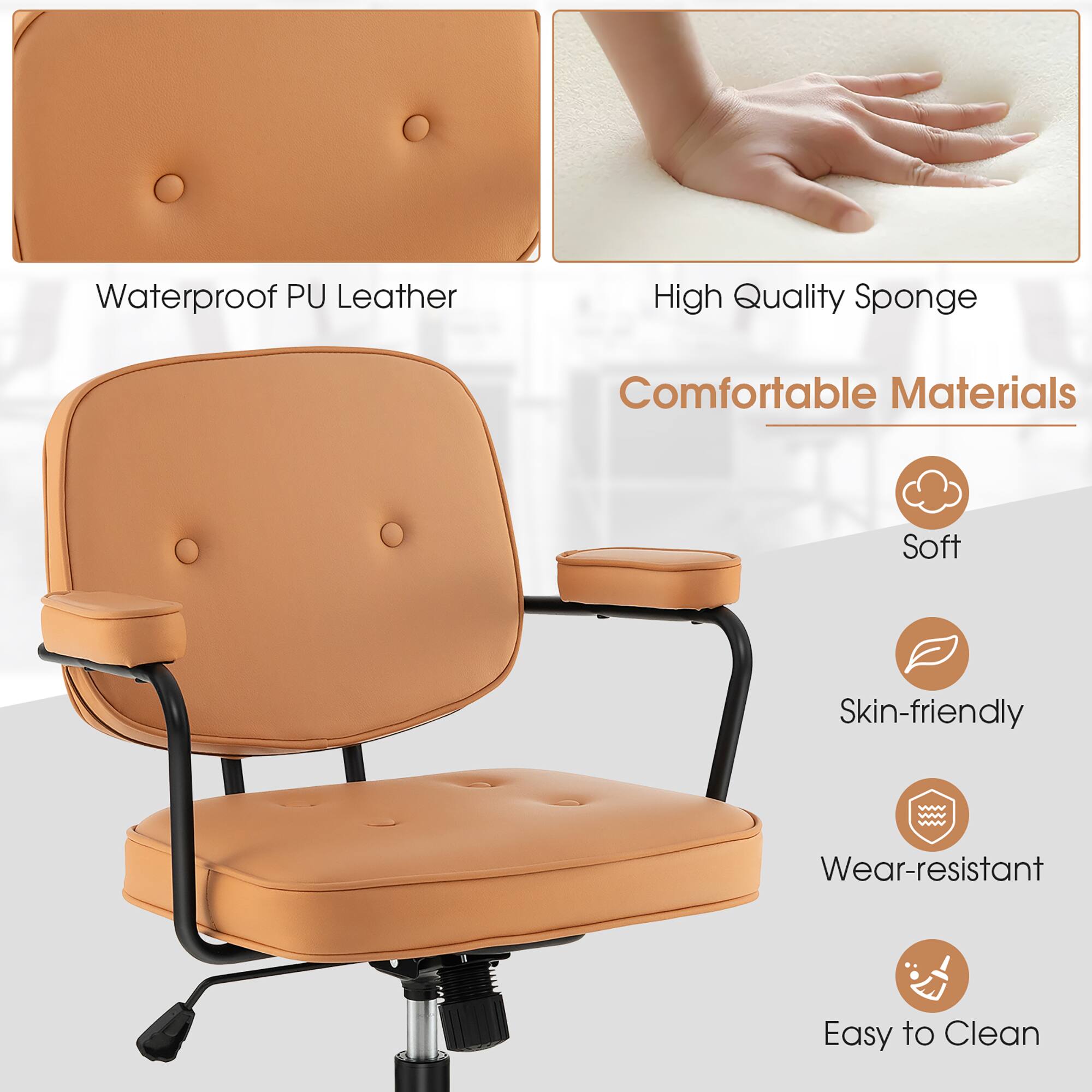 The image features a brown chair with waterproof PU leather and high-quality sponge materials. The chair is comfortable and made of soft, skin-friendly materials that are wear-resistant and easy to clean.