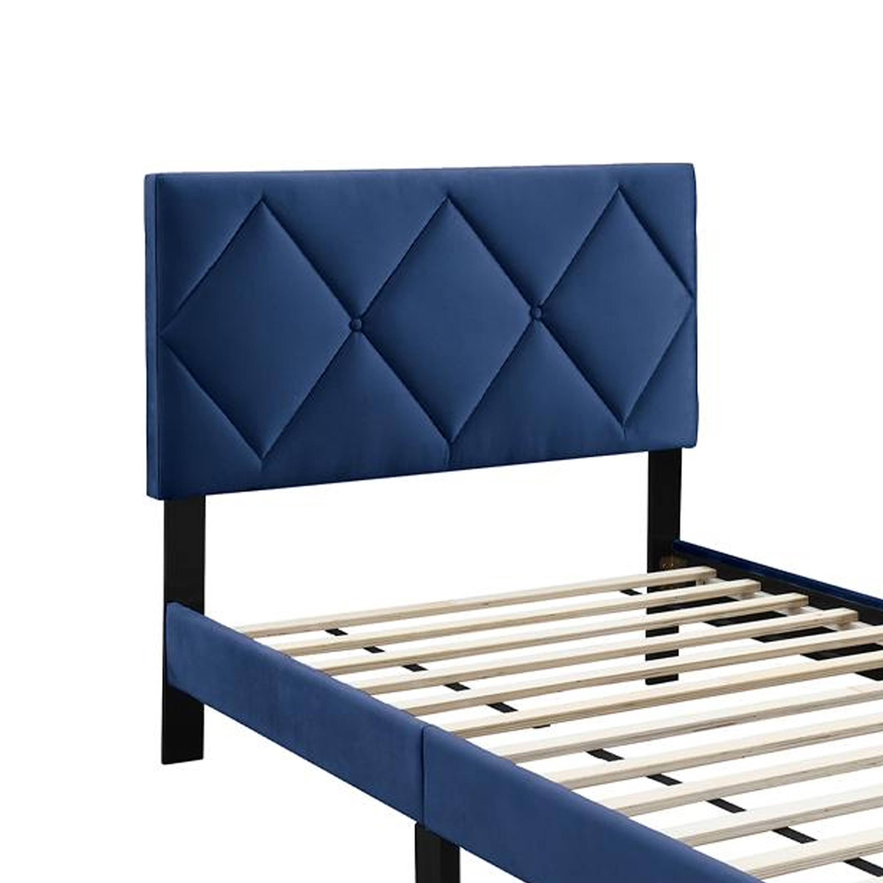 Alt View 2. Manhattan Lane - Lilian Twin Bed, Tufted Navy Blue Velvet Upholstery, Diamond Stitch - Navy Blue, Black.