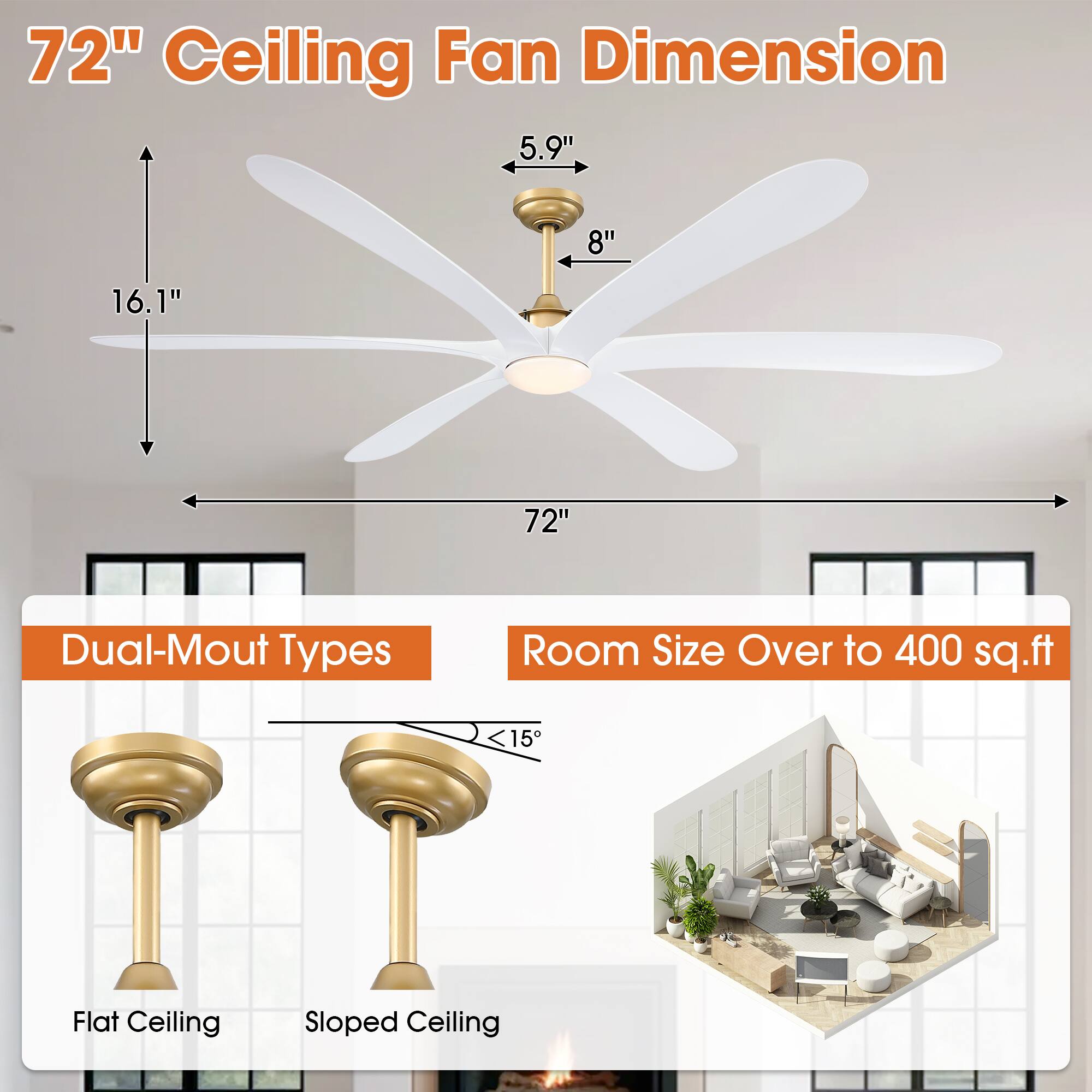 72" Ceiling Fan Dimension

- 72" (width)
- 16.1" (height)
- 5.9" (motor height)
- 8" (motor diameter)

Dual-Mount Types
- Flat Ceiling
- Sloped Ceiling (≤ 15°)

Room Size Over to 400 sq.ft