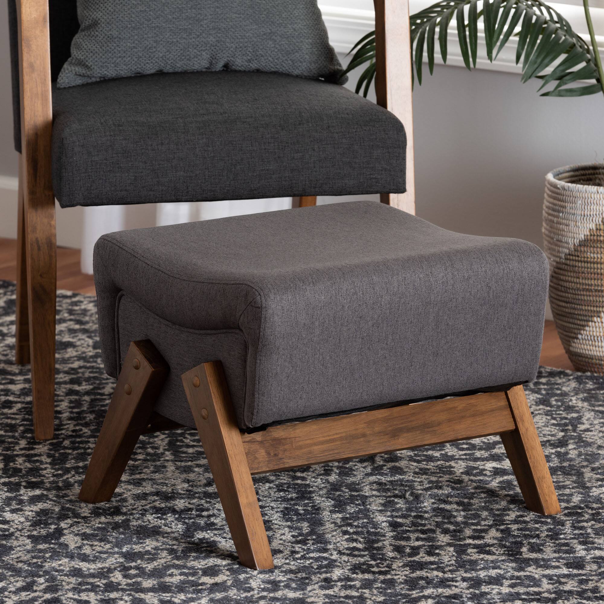 Alt View 2. Baxton Studio - Hanson Mid-Century Modern Fabric and Walnut Brown Finished Wood Ottoman - Dark Grey/Walnut Brown.