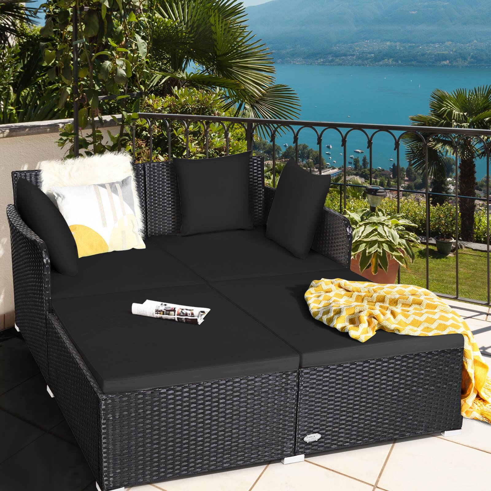 Alt View 1. Costway - Costway Outdoor Patio Rattan Daybed Thick Pillows Cushioned Sofa Furniture - Black.