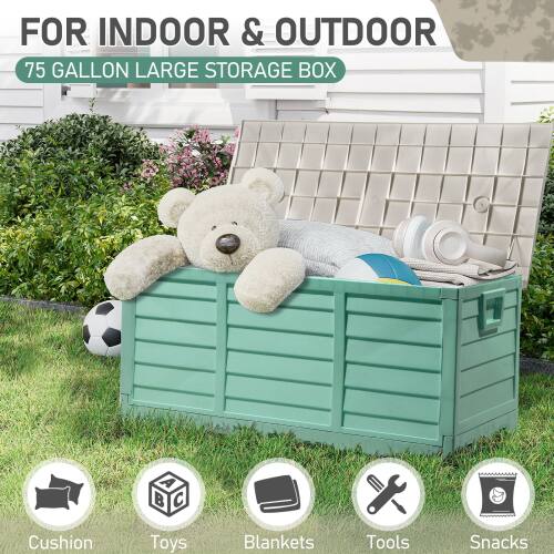 FOR INDOOR & OUTDOOR  
75 GALLON LARGE STORAGE BOX  

Cushion  
Toys  
Blankets  
Tools  
Snacks