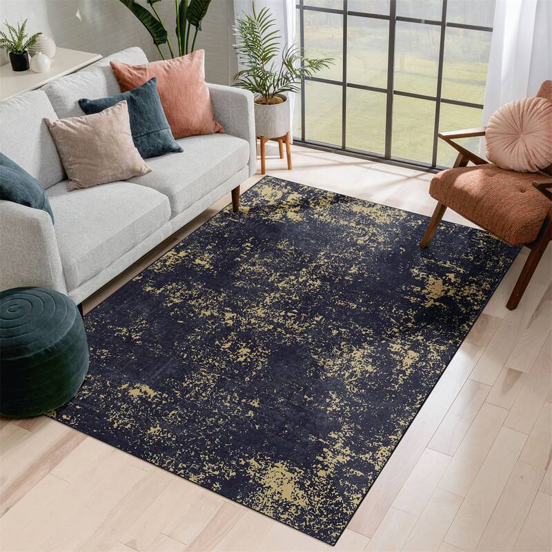 Alt View 4. HTUTWOO - Washable Rug 8x10 - Chenille Low Pile, Machine Washable, Non-Slip TPR Backing, Stain Resistant, Living Room Bedroom - Black Gold.