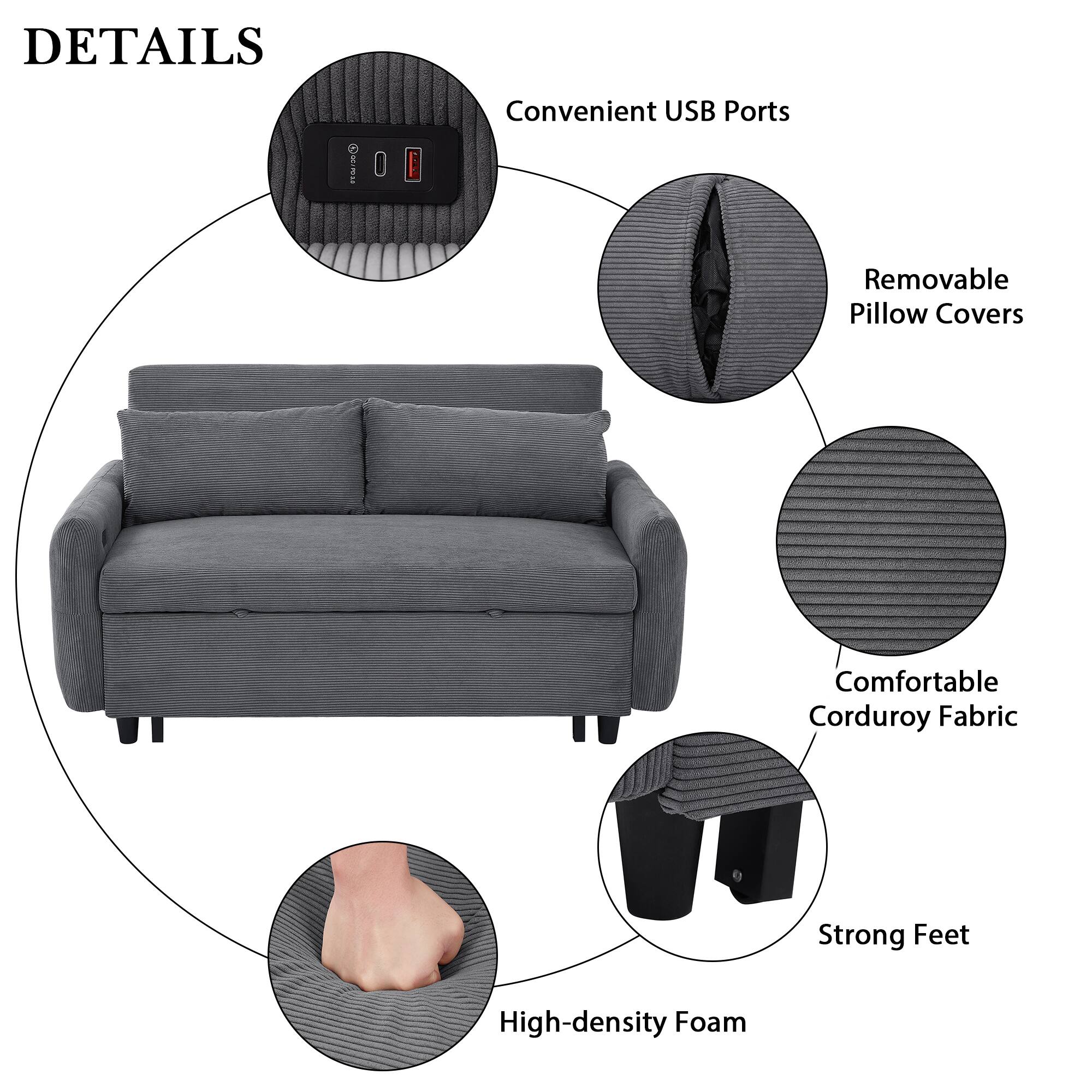 DETAILS: Convenient USB Ports, Removable Pillow Covers, Comfortable Corduroy Fabric, Strong Feet, High-density Foam.