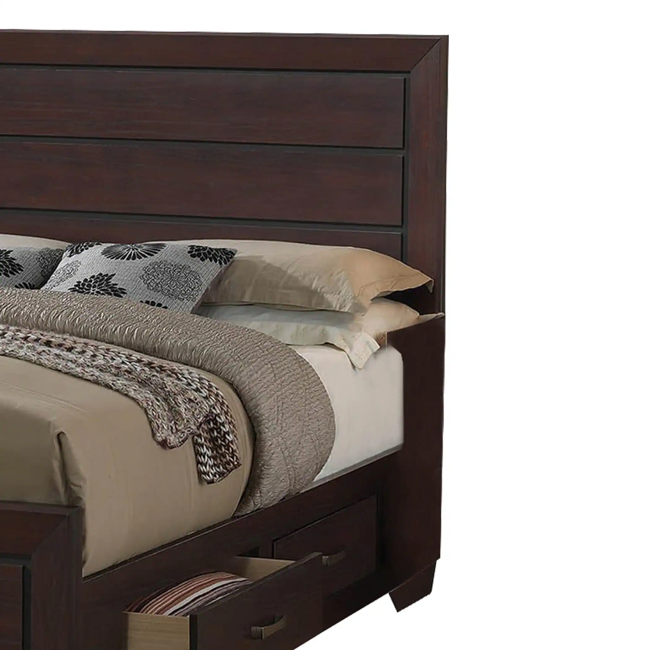 Alt View 3. Manhattan Lane - Wooden Queen Size Bed with 4 Spacious Side Rail Drawers - Brown.