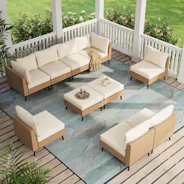 Yardgrace - 10Pc Outdoor Patio PE Rattan Wicker Sectional Conversation Olefin Cushions 2 Corner 6 Armless Chairs 2 Ottomans - Beige