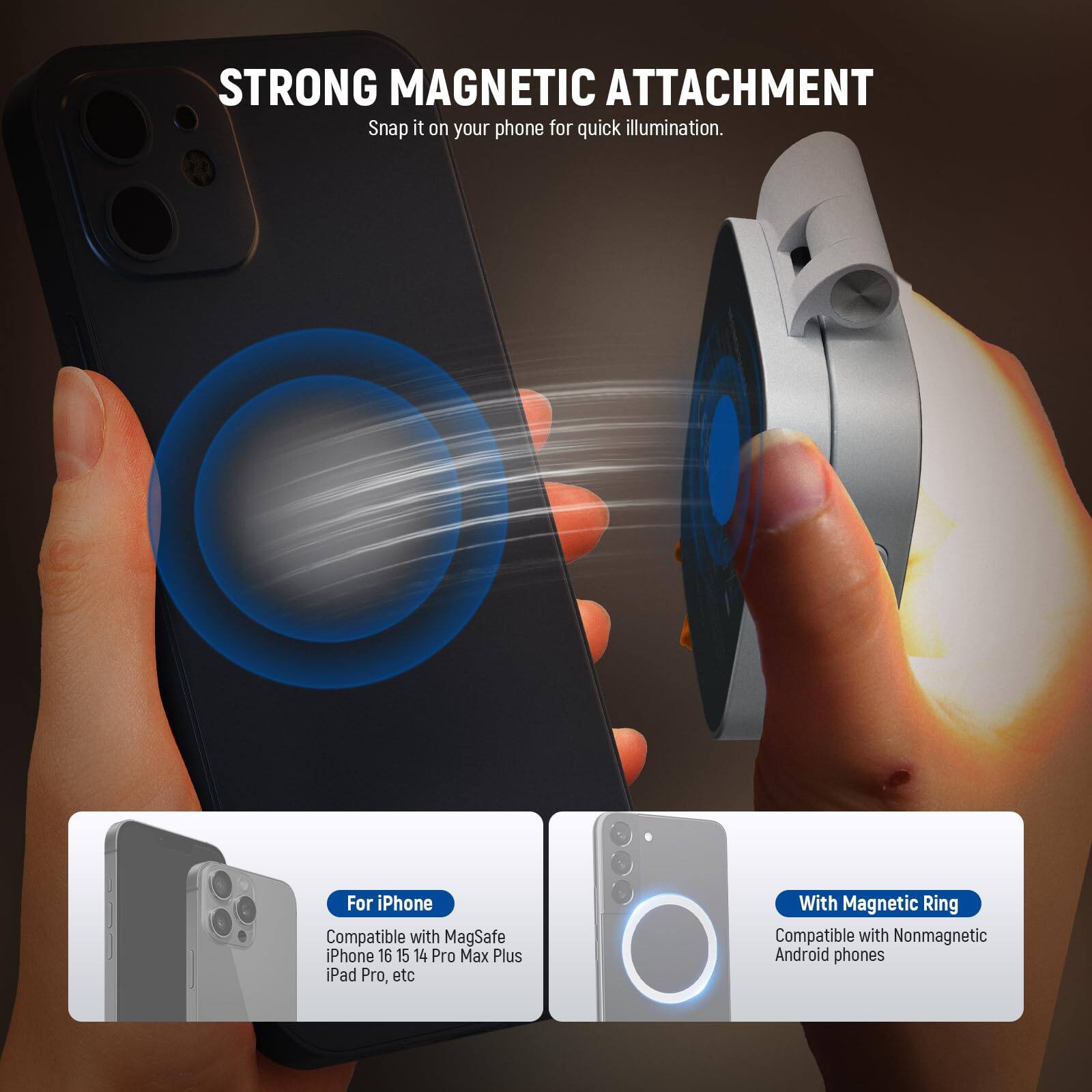 STRONG MAGNETIC ATTACHMENT  
Snap it on your phone for quick illumination.  

For iPhone  
Compatible with MagSafe iPhone 16 15 14 Pro Max Plus iPad Pro, etc  

With Magnetic Ring  
Compatible with Nonmagnetic Android phones