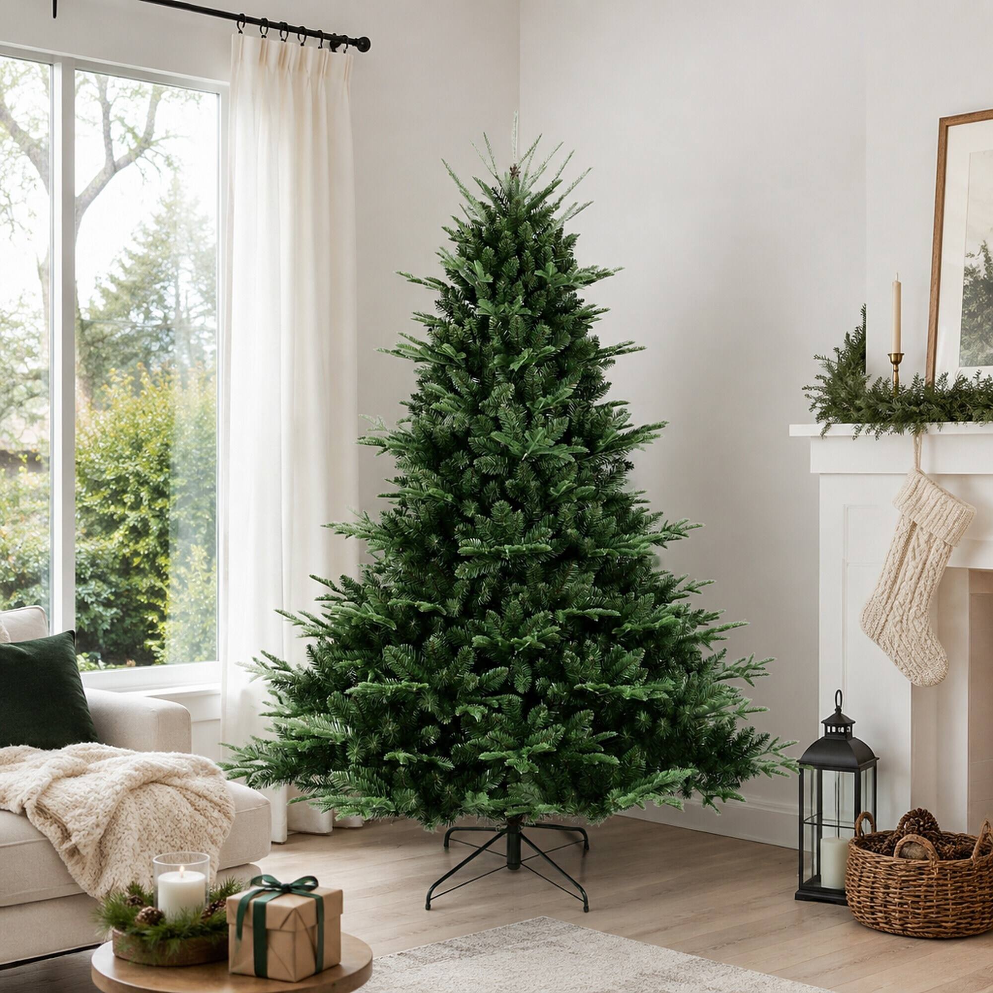 Back. RYHNUYNE - 7FT Full-Shaped Christmas Tree, 2257 PE/PVC Mixed Needles Wide Base Hinged Structure Metal Stand Strong Support - Green.