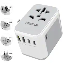 TESSAN - 28W Universal Travel Adapter with 3 USB-C Fast Charging & 2 USB-A - Grey white