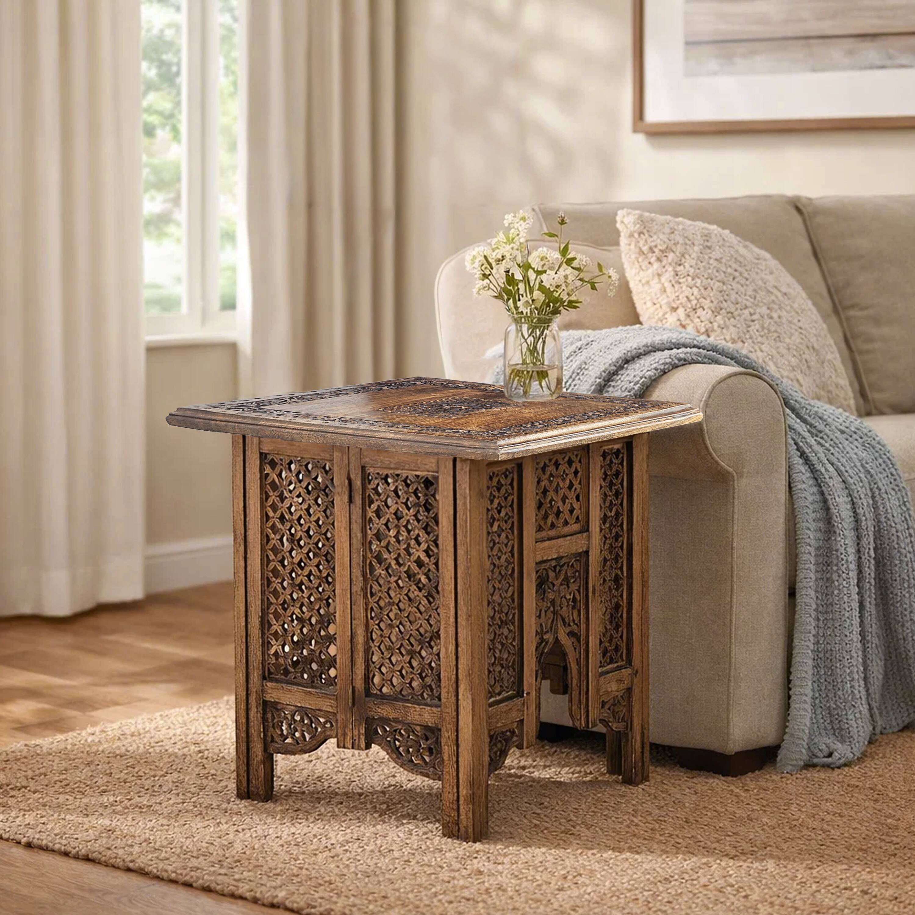 Alt View 10. Manhattan Lane - 21 Inch Boho Side End Table, Floral Carved Details, Foldable Panel Legs - Brown.