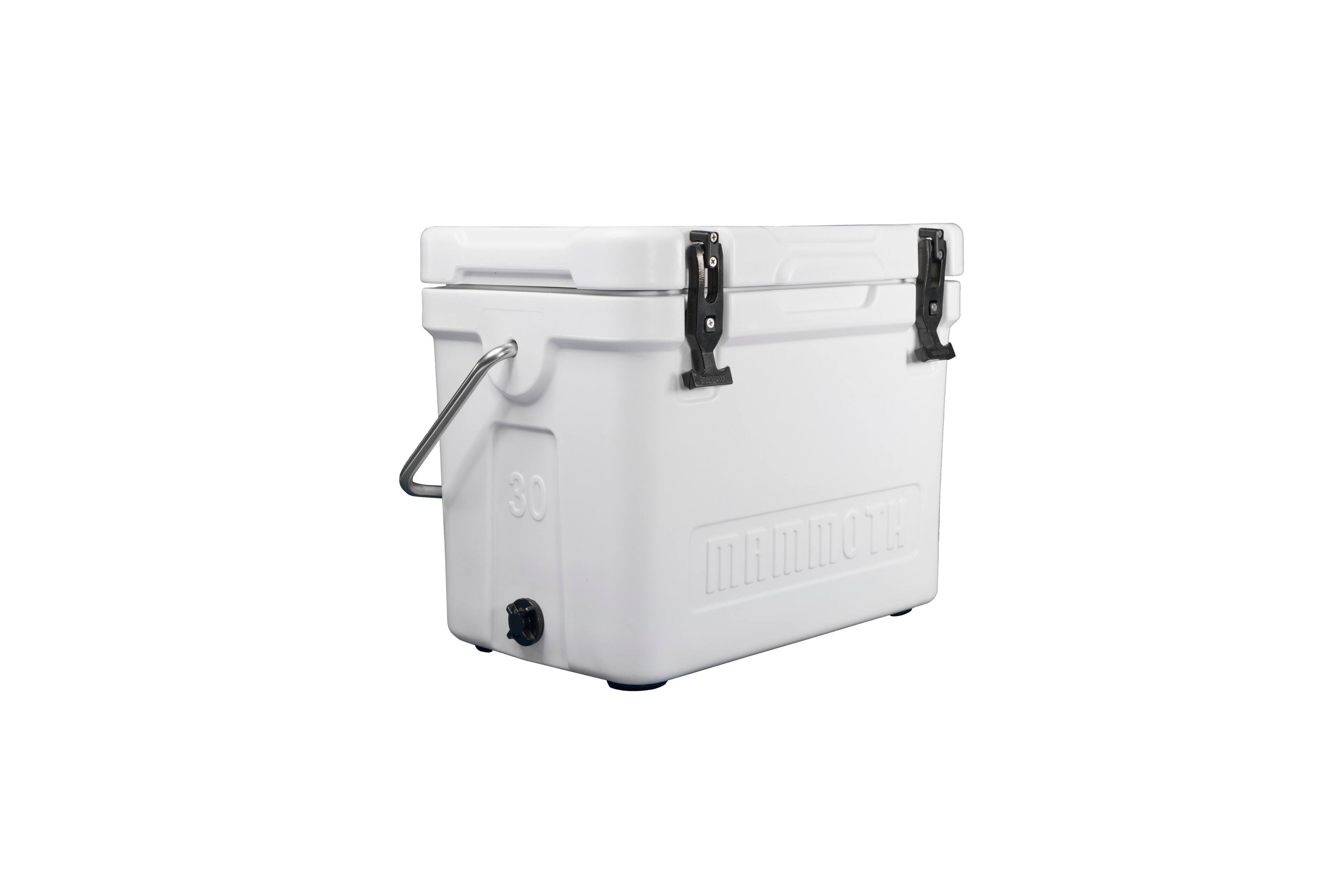Left. Mammoth - 30 Cruiser Series, Insulated Ice Chest, Durable Double-Walled Rotomolded Construction, Great for On-The-Go Activities - White.