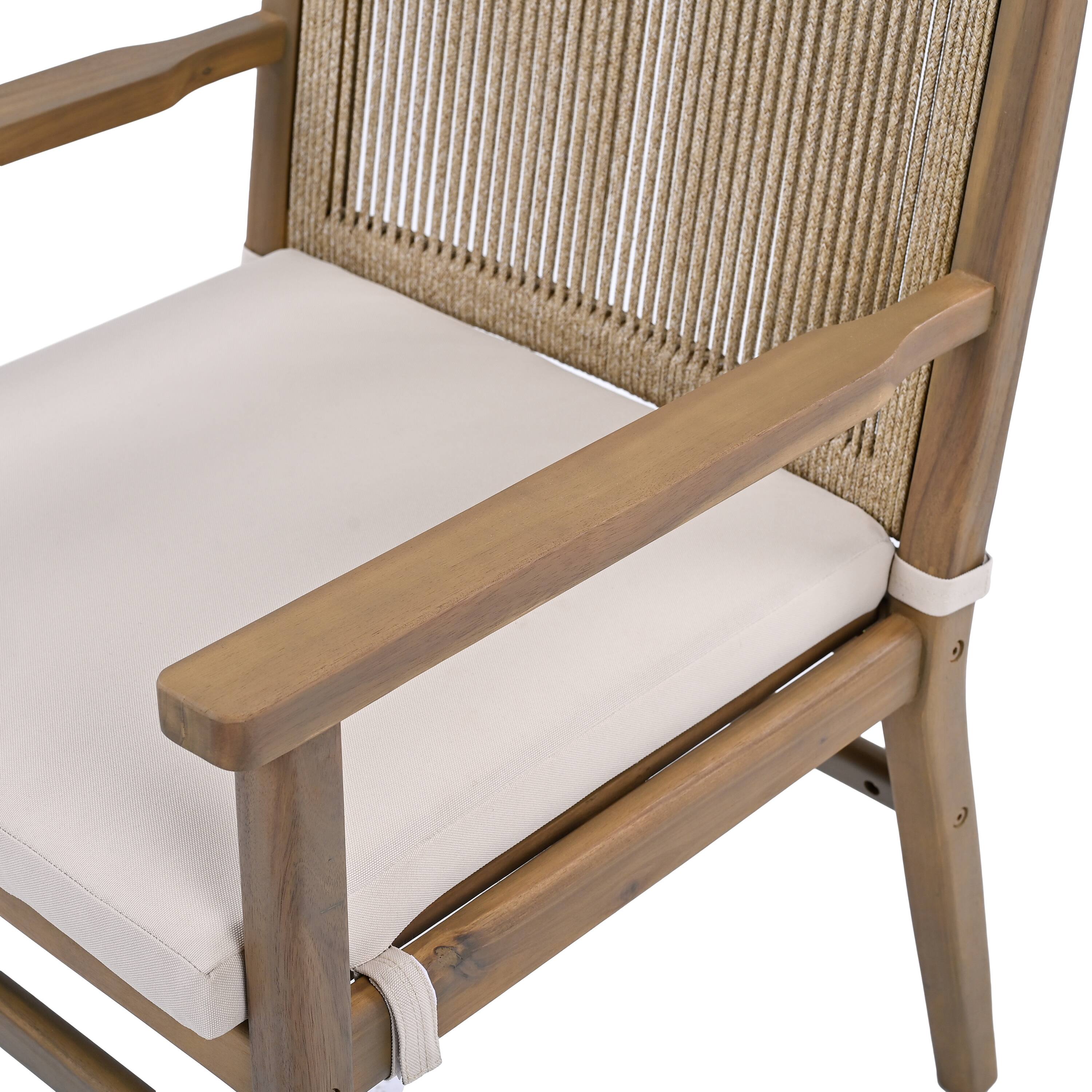 Alt View 5. Mondawe - Set of 2 Acacia Wood Patio Armchair with Rope Design Back and Water Repellent Cushion - Light Brown.
