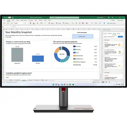 Sure, here is the corrected and grouped text from the image:
---
**Your Monthly Snapshot**
See your spending trends month over month with easy to read graphs. To switch months, click the blue date box to the right.
**Previous vs. current month spending**
$52,150 less was spent compared to last month
- September: $1,900
- October: $1,750
**This month's top spending categories**
Groceries account for 31% of money spent this month
- Groceries: $1,750
- Shopping: $437
- Home: $437
- Entertainment: $237
- Health/Fitness: $122
- All other Categories: $122
**Cumulative spending throughout month**
Compared to September, you spent $52,150 less
- September: $5,437
- October: $5,337
**Total Spending**
$1,750
---
**Money in Excel**
- **This month**
- $1,154 was used charged
- 100% of budget spent
- $