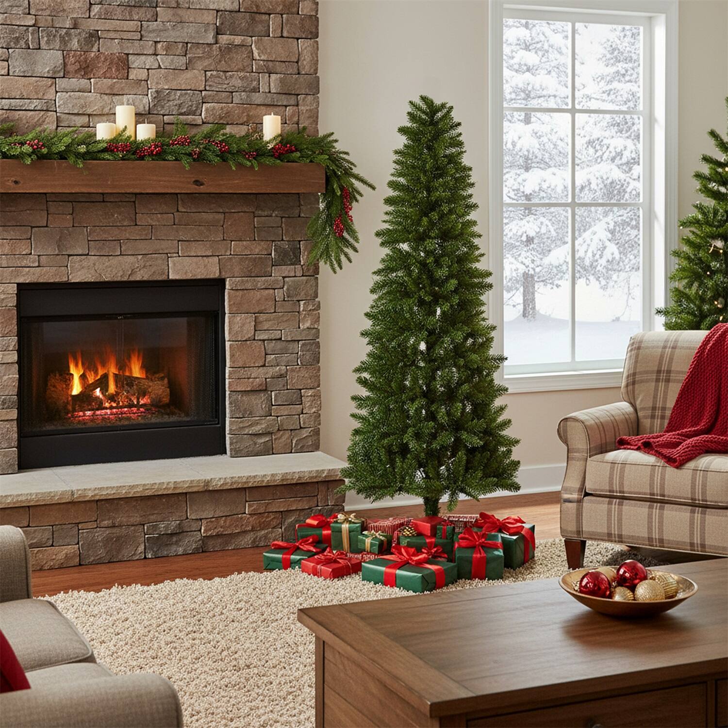 Angle. Sweet - 4.5FT Artificial Hinged Slim Pencil Christmas Tree with Warm White Lights, Full Branch Tips - Green.