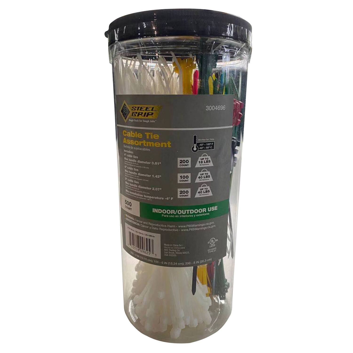 Sure, here is the corrected and grouped text from the image:

---

**STEEL GRIP**  
High Tensile Steel Cable Ties

**Cable Tie Assortment**  
Includes:  
- 200 x 1/8" (3.2 mm)  
- 100 x 1/4" (6.4 mm)  
- 200 x 3/16" (4.8 mm)  
- 500 x 1/2" (12.7 mm)  

**Specifications:**  
- **1/8" (3.2 mm) Cable Tie**  
  - Bundle Diameter: 0.81" (20.6 mm)  
  - Up to 18 LBS  
- **1/4" (6.4 mm) Cable Tie**  
  - Bundle Diameter: 1.42" (36.1 mm)  
  - Up to 40 LBS  
- **3/16" (4.8 mm) Cable Tie**  
  - Bundle Diameter: 1.42" (36.1 mm)  
  - Up to 40 LBS  
