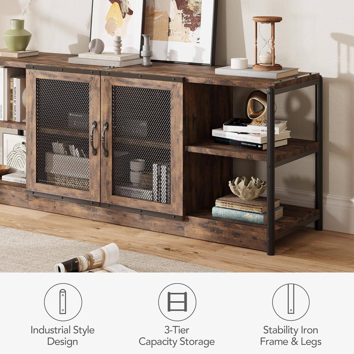 Industrial Style Design  
3-Tier Capacity Storage  
Stability Iron Frame & Legs