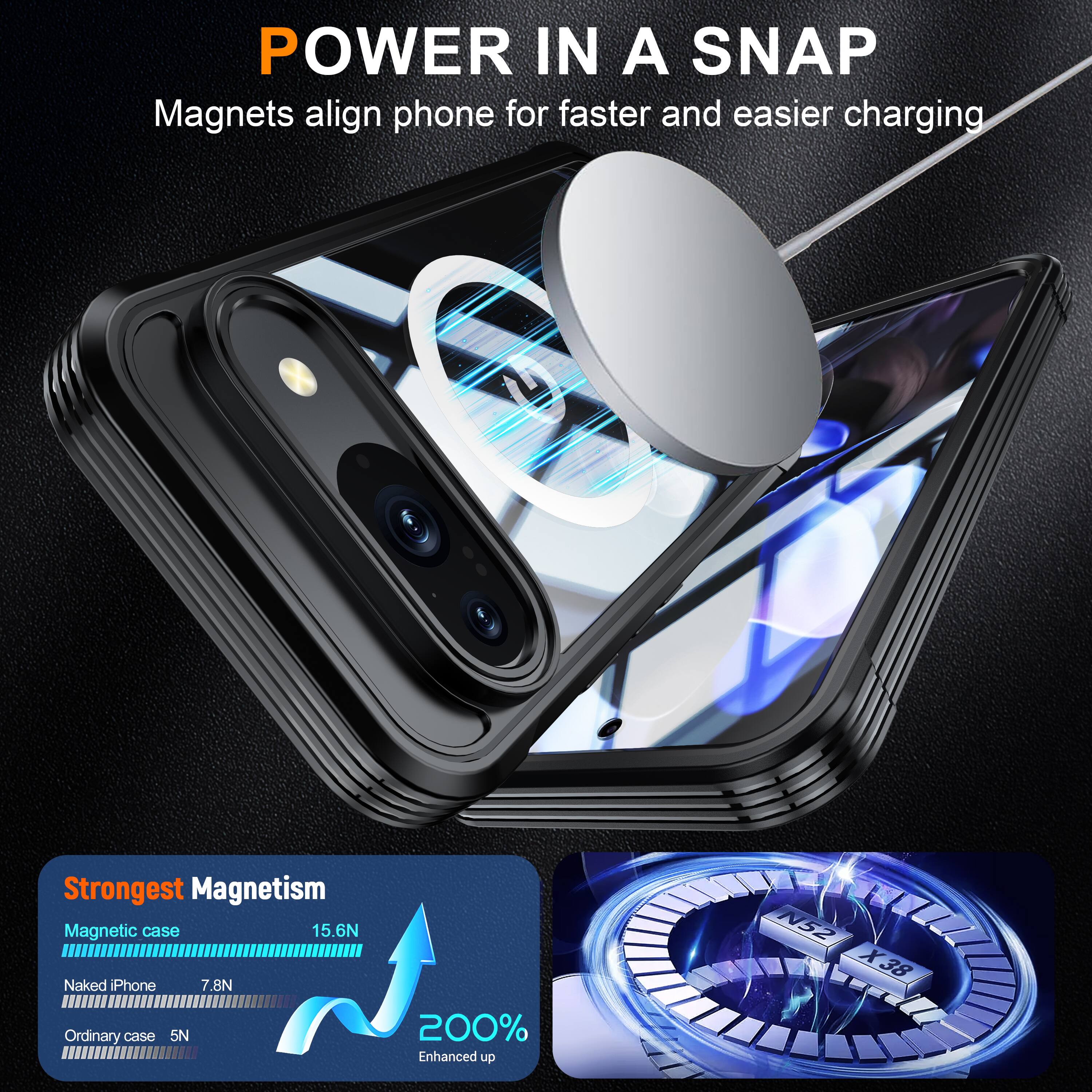 POWER IN A SNAP  
Magnets align phone for faster and easier charging  

Strongest Magnetism  
Magnetic case 15.6N  
Naked iPhone 7.8N  
Ordinary case 5N  

200% Enhanced up  
N52 X38