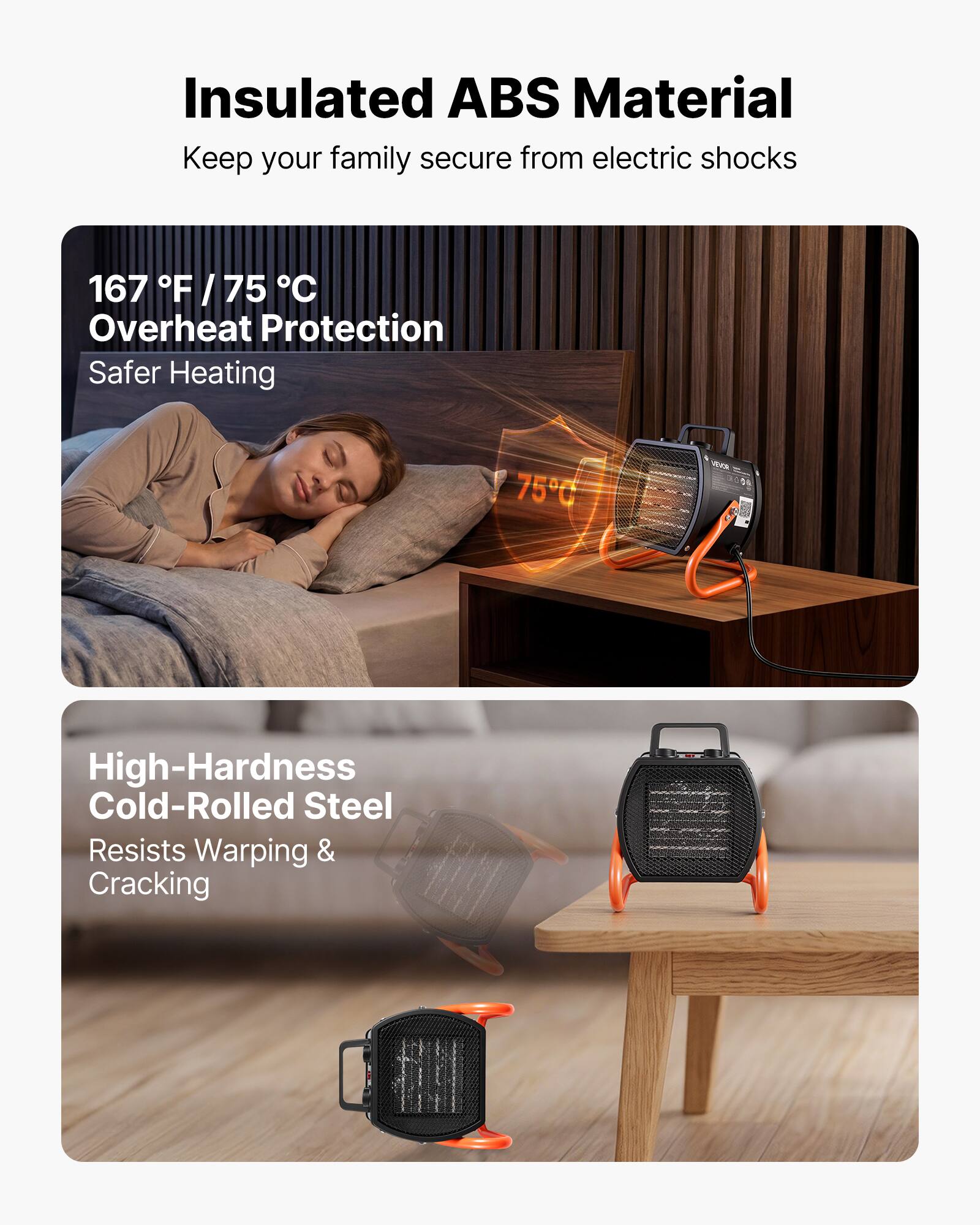 Insulated ABS Material  
Keep your family secure from electric shocks

167°F / 75°C  
Overheat Protection  
Safer Heating

High-Hardness Cold-Rolled Steel  
Resists Warping & Cracking