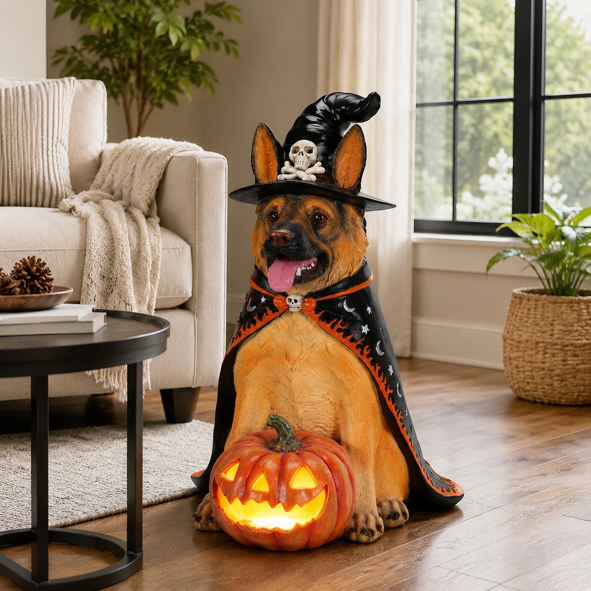 Back. RYHNUYNE - Halloween German Shepherd Dog Statue with Witch Hat and Cape Paired with LED Pumpkin Lantern for Spooky Porch Decor - Yellow.