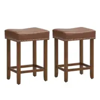 Costway - 24" Upholstered Bar Stools Set of 2 with Footrests Rubberwood Frame Saddle-shaped - Brown - Front_Zoom