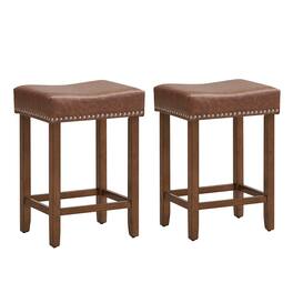 Costway - 24" Upholstered Bar Stools Set of 2 with Footrests Rubberwood Frame Saddle-shaped - Brown