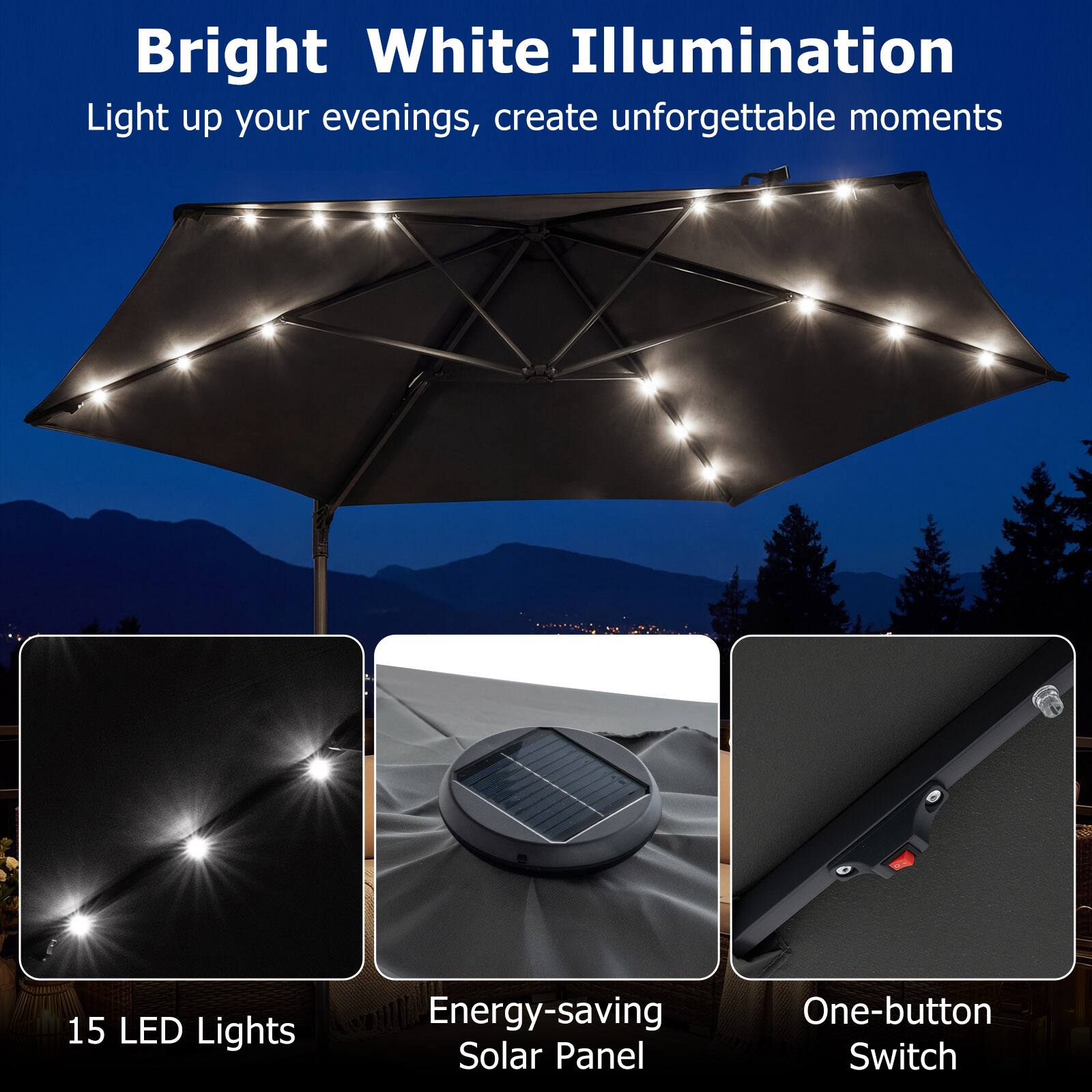 Bright White Illumination  
Light up your evenings, create unforgettable moments  

15 LED Lights  
Energy-saving Solar Panel  
One-button Switch
