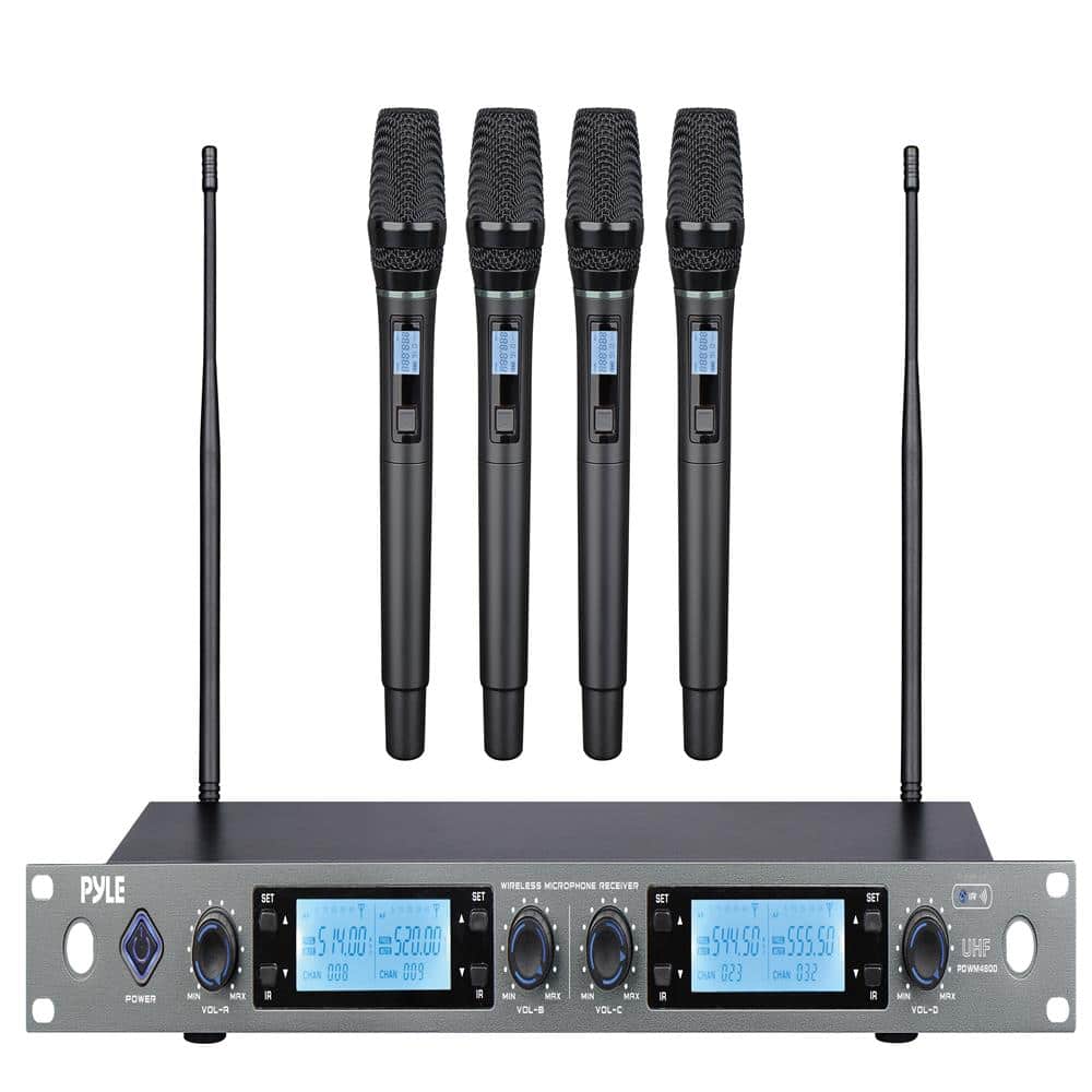 Pyle - 4-Channel Wireless Microphone System, Professional Handheld Microphones, Wireless Mic Set for S