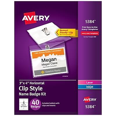 AVERY  
5384  
Garment Friendly Clip  
Fabric Free Easy-to-Use Avery Templates  
avery.com/templates  

13th Annual Realty Convention  
Megan Claire  
Megan Claire  
Full State Coordinator  
Gateway Realty  

3"x 4" Horizontal Clip Style Name Badge Kit  
40 Badges  
Includes holders with clips and inserts per sheet  

Laser Inkjet  

AVERY  
5384