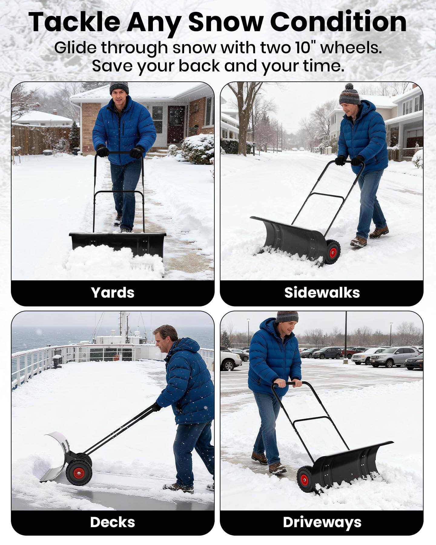 Tackle Any Snow Condition  
Glide through snow with two 10" wheels.  
Save your back and your time.  

Yards  
Sidewalks  
Decks  
Driveways