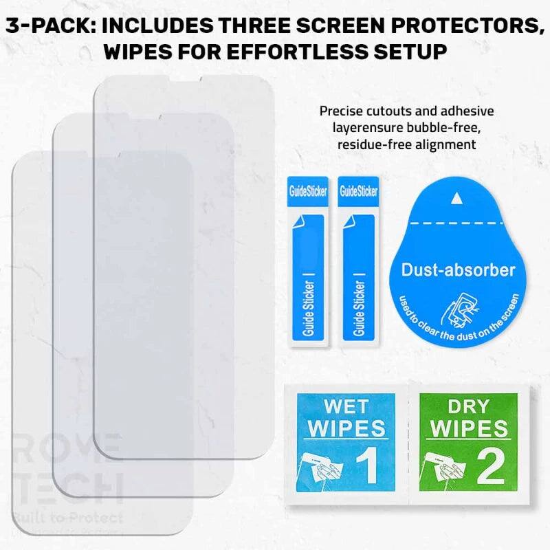 3-PACK: INCLUDES THREE SCREEN PROTECTORS, WIPES FOR EFFORTLESS SETUP

Precise cutouts and adhesive layer ensure bubble-free, residue-free alignment

GuideSticker - Sticker Guide - Dust-absorber Sticker used to clear the dust on the screen

WET WIPES 1

DRY WIPES 2