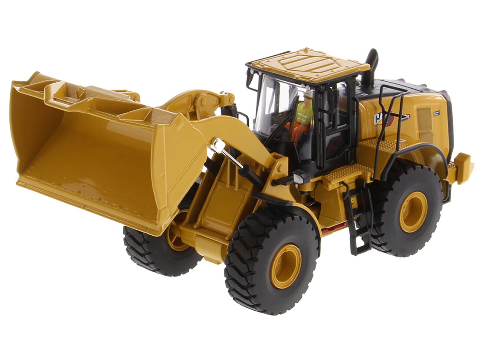 Left. Diecast Masters - CAT Caterpillar 972 XE Wheel Loader Yellow with Operator "High Line Series" 1/50 Diecast Model by Diecast Masters - Yellow .