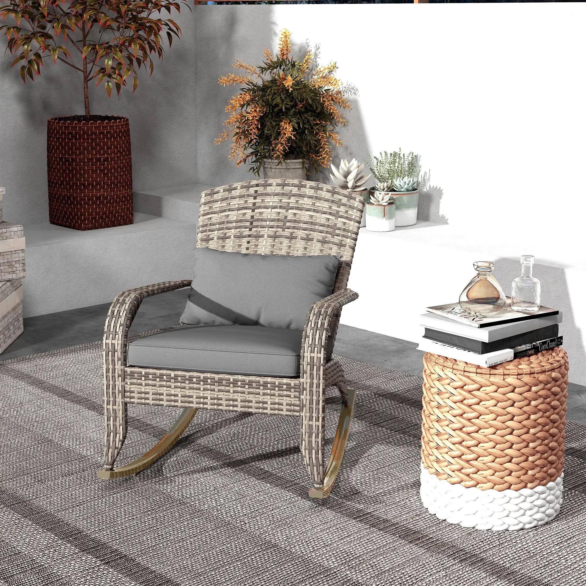 Back. Resenkos - Resenkos High-Back Wicker Adirondack Chair, Comfortable Outdoor Rocker with Pillow, Porch & Balcony Seating, Gray - Gray.