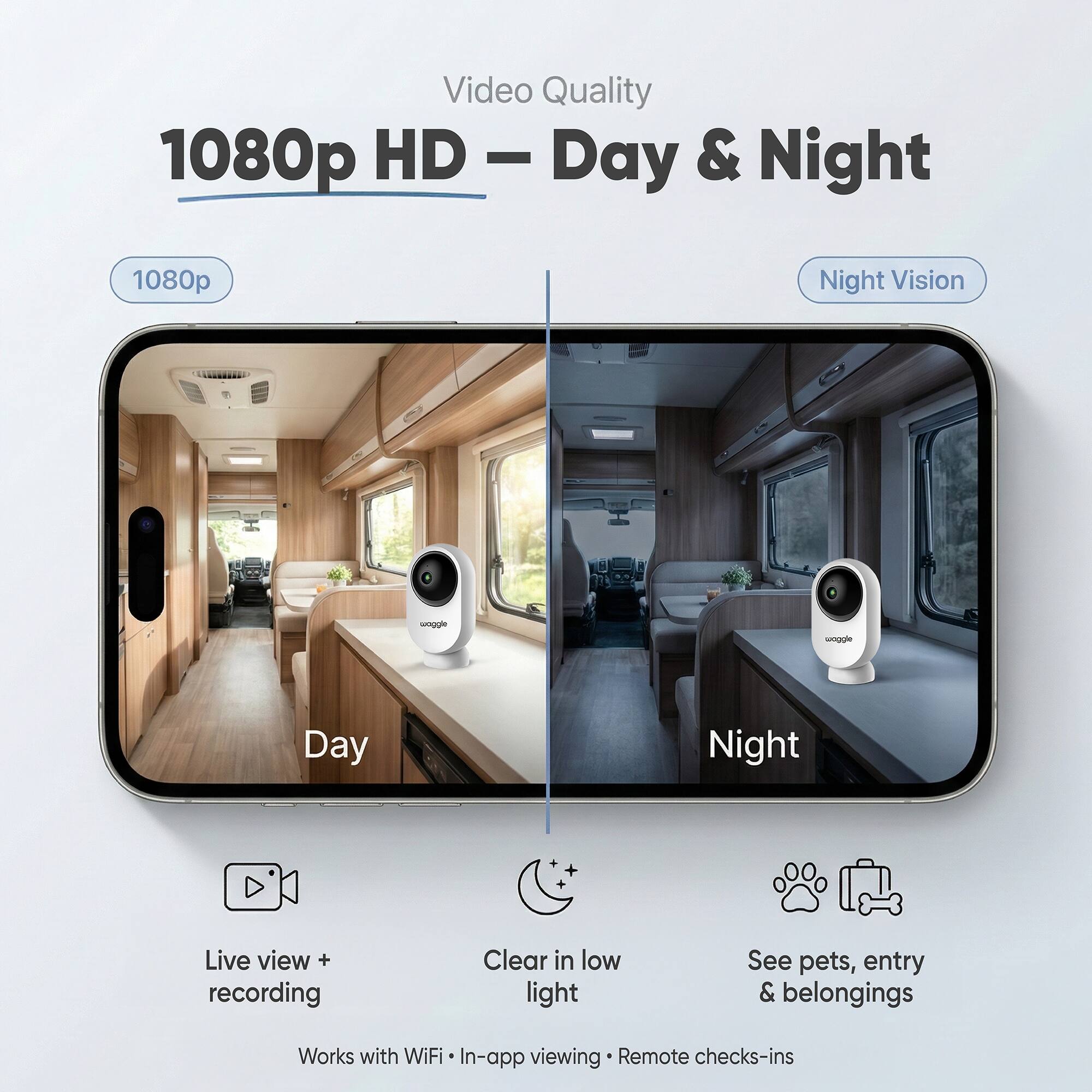 Video Quality 1080p HD  
Day & Night 1080p Night Vision  
Live view + recording  
Clear in low light  
See pets, entry & belongings  
Works with WiFi  
In-app viewing  
Remote checks-ins