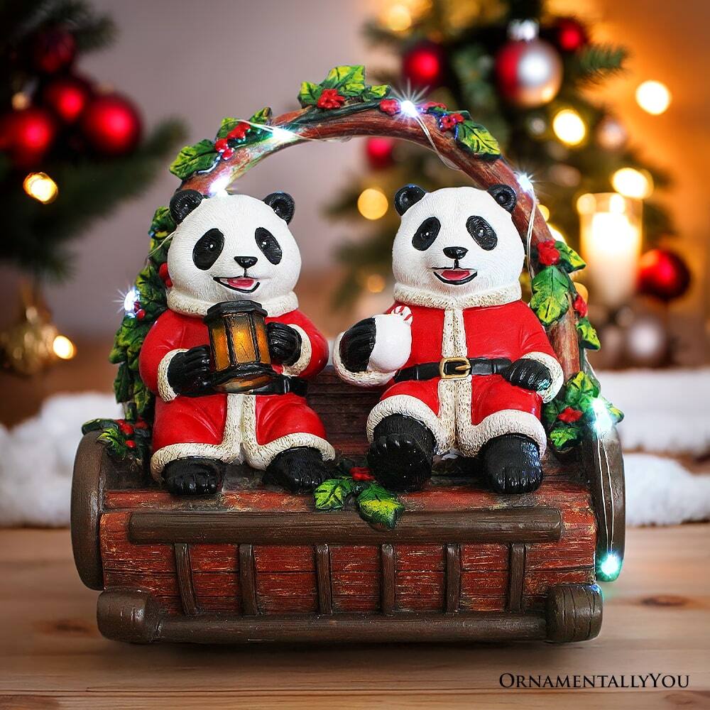 Back. OrnamentallyYou - Nostalgic Panda Duo Festive Lighted Figurine, 6" LED Christmas Bear Statue - Red.