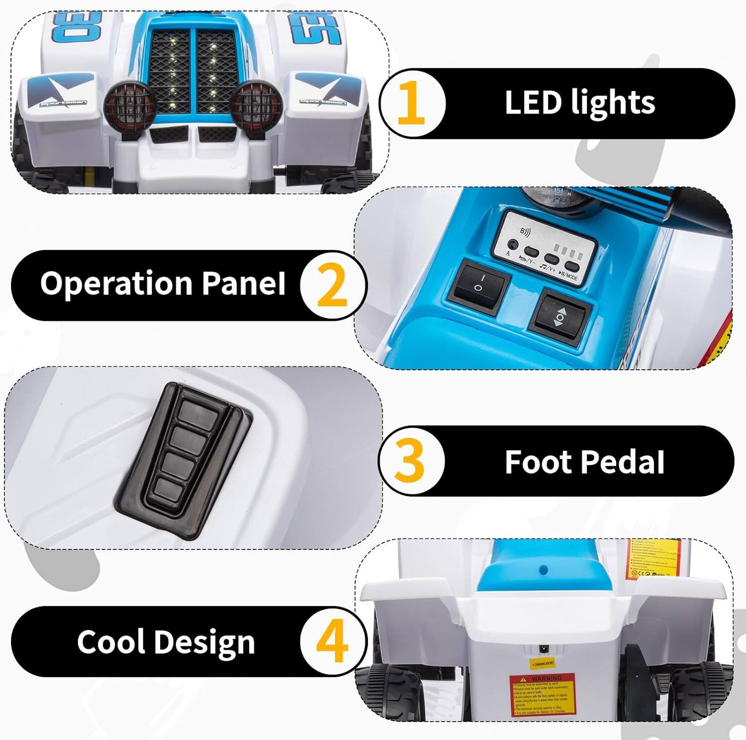 1. LED lights  
2. Operation Panel  
3. Foot Pedal  
4. Cool Design